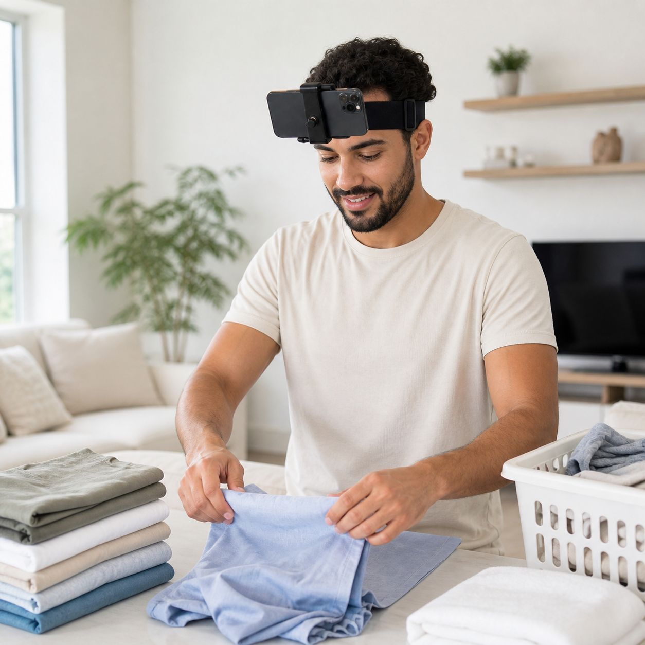 Pessoa dobrando roupas com celular em suporte de cabeça